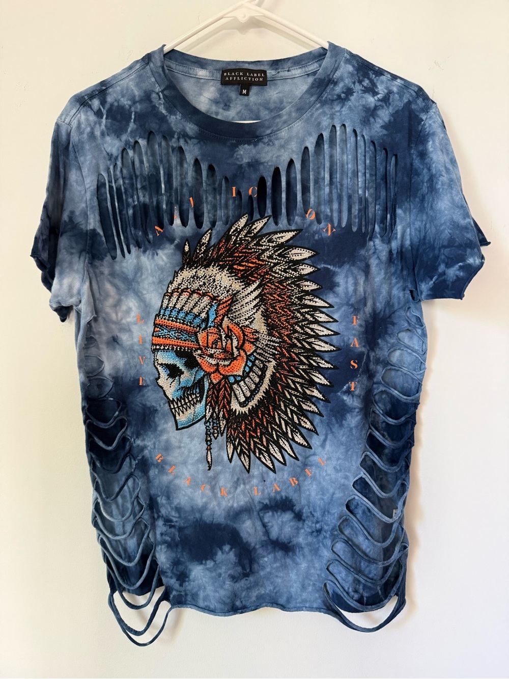 Affliction Black Label Skull Headdress Distressed Tie Dye Graphic Tee Med